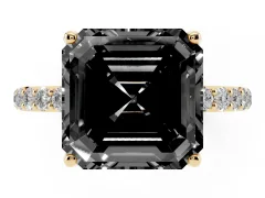 Fancy Black Asscher Cut Diamond Solitaire Engagement Ring Set in Yellow gold with Round Pavé Band and Prong Setting