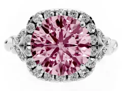 Fancy Pink Round Cut Diamond Halo Engagement Ring Set in Silver with Vintage-Inspired Band and Prong Setting