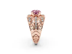 Fancy Pink Round Cut Diamond Art Deco Ring Set in Rose gold with Pavé Split Shank