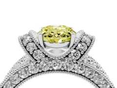 Fancy Yellow Oval Cut Diamond Milgrain Halo Pavé Engagement Ring Set in White gold with Prong Setting