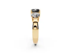 Fancy Black Cushion Cut Diamond Three-Stone Ring Set in Yellow gold with Round Side Stones and Classic Band