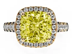 Fancy Yellow Cushion Cut Diamond Halo Engagement Ring Set in Yellow gold with Pavé Band and Prong-Set Center