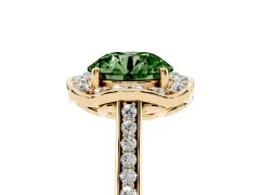 Fancy Green Round Cut Diamond Halo Ring Set in Yellow gold with Pavé-Lined Shoulders and Prong Setting