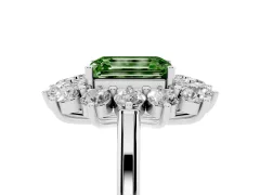 Fancy Green Emerald Cut Diamond Floral Double Halo Ring Set in White gold with Round Petals
