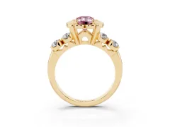Fancy Pink Emerald Cut Diamond Floral Halo Ring Set in Yellow gold with Shared Prong Band
