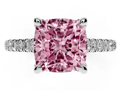 Fancy Pink Cushion Cut Diamond Solitaire Ring Set in Platinum with Brilliant Pavé Band and Prong Setting