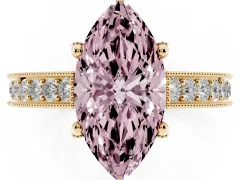 Fancy Pink Marquise Cut Diamond Solitaire Ring Set in Yellow gold with Milgrain-Edged Pavé Band and Prong Setting