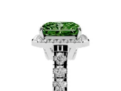 Fancy Green Radiant Cut Diamond Halo Engagement Ring Set in Platinum with Pavé Band and Prong-Set Center