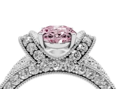 Fancy Pink Oval Cut Diamond Milgrain Halo Pavé Engagement Ring Set in White gold with Prong Setting