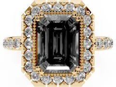 Fancy Black Emerald Cut Diamond Halo Ring Set in Yellow gold with Pavé Shank and Prong Setting