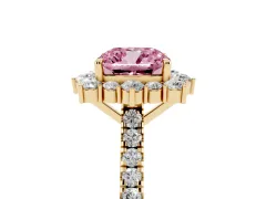 Fancy Pink Cushion Cut Diamond Halo Ring Set in Yellow gold with Pavé Band and Prong Setting