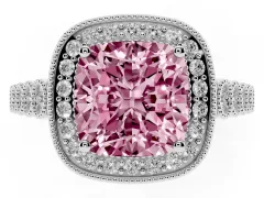 Fancy Pink Cushion Cut Diamond Milgrain Halo Solitaire Ring Set in Silver with Bezel Set Side Stones and Pavé Band