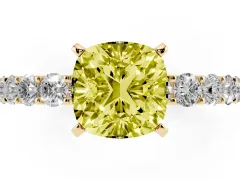 Fancy Yellow Cushion Cut Diamond Solitaire Ring Set in Yellow gold with Shared Prong Pavé Band