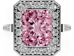 Fancy Pink Radiant Cut Diamond Halo Ring Set in Platinum with Accent-Lined Split Shank and Prong Setting