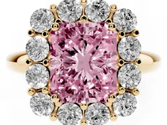 Fancy Pink Radiant Cut Diamond Halo Cluster Engagement Ring Set in Yellow gold with Polished Band and Prong Setting