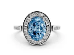 Fancy Blue Oval Cut Diamond Halo Ring Set in Platinum with Accent-Lined Split Shank and Prong Setting