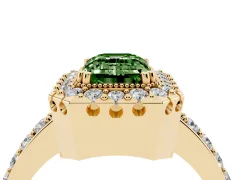 Fancy Green Emerald Cut Diamond Halo Ring Set in Yellow gold with Pavé Shank and Prong Setting