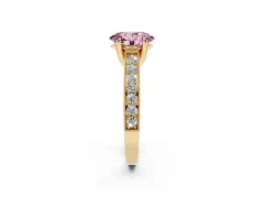 Fancy Pink Oval Cut Diamond Solitaire Ring Set in Yellow gold with Milgrain-Edged Pavé Band and Prong Setting
