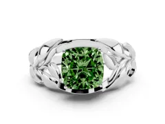 Fancy Green Cushion Cut Diamond Leaf-Inspired Engagement Ring Set in White gold with Round Accents