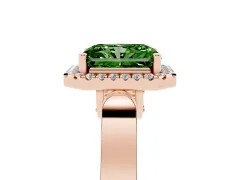 Fancy Green Radiant Cut Diamond Halo Ring Set in Rose gold with Pavé-Lined Split Shank Band