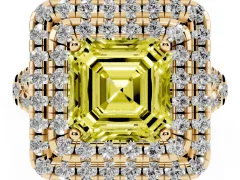 Fancy Yellow Asscher Cut Diamond Double Halo Ring Set in Yellow gold with Pavé Split Shank and Prong Setting