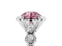 Fancy Pink Round Cut Diamond Floral Halo Ring Set in White gold with Shared Prong Band