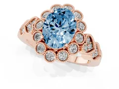 Fancy Blue Oval Cut Diamond Solitaire Ring Set in Rose gold with Milgrain Pavé Heart Band