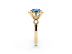 Fancy Blue Round Cut Diamond Floral Halo Ring Set in Yellow gold with Shared Prong Band