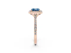 Fancy Blue Asscher Cut Diamond Halo Engagement Ring Set in Rose gold with Round Pavé Shoulders and Heart Gallery