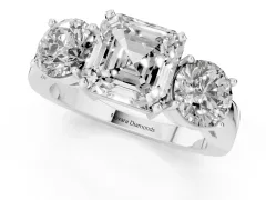 Asscher Cut Diamond Three-Stone Ring Set in Silver with Round Side Stones and Classic Band