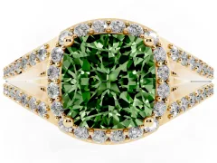 Fancy Green Cushion Cut Diamond Halo Split Shank Pavé Ring Set in Yellow gold with Prong Setting