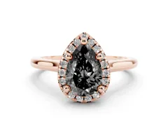 Fancy Black Pear Cut Diamond Halo Engagement Ring Set in Rose gold with Pavé Band and Rising Shoulders