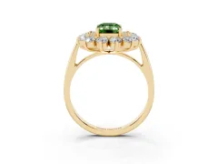 Fancy Green Emerald Cut Diamond Floral Double Halo Ring Set in Yellow gold with Round Petals