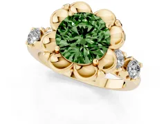 Fancy Green Round Cut Diamond Floral Halo Ring Set in Yellow gold with Shared Prong Band