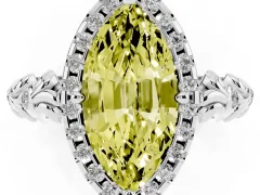 Fancy Yellow Marquise Cut Diamond Halo Ring Set in Platinum with Filigree Leaf Band and Prong Setting
