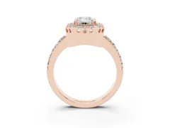 Emerald Cut Diamond Halo Ring Set in Rose gold with Pavé Shank and Prong Setting