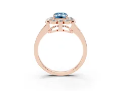 Fancy Blue Emerald Cut Diamond Halo Cluster Engagement Ring Set in Rose gold with Solitaire Band and Prong Setting