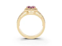 Fancy Pink Asscher Cut Diamond Halo Ring Set in Yellow gold with Double Pavé Split Shank