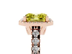 Fancy Yellow Asscher Cut Diamond Halo Engagement Ring Set in Rose gold with Pavé Band and Prong-Set Center
