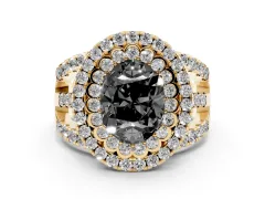 Fancy Black Oval Cut Diamond Double Halo Ring Set in Yellow gold with Round Pavé Split Shank