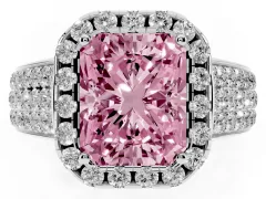 Fancy Pink Radiant Cut Diamond Halo Ring Set in White gold with Pavé Band and Raised Center Setting