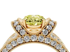 Fancy Yellow Oval Cut Diamond Milgrain Halo Pavé Engagement Ring Set in Yellow gold with Prong Setting