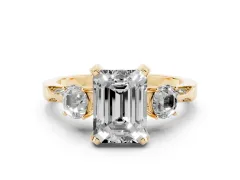 Fancy Green Emerald Cut Diamond Three-Stone Ring Set in Yellow gold with Pavé Band and Smaller Side Stones