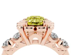 Fancy Yellow Emerald Cut Diamond Floral Halo Ring Set in Rose gold with Shared Prong Band