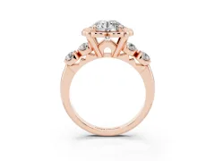Round Cut Diamond Floral Halo Ring Set in Rose gold with Shared Prong Band