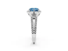 Fancy Blue Radiant Cut Diamond Floral Halo Split Shank Engagement Ring Set in White gold with Pavé Shank
