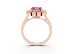 Fancy Pink Asscher Cut Diamond Cluster Halo Ring Set in Rose gold with Milgrain Bezel Accents and Plain Band