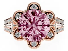 Fancy Pink Round Cut Diamond Floral Halo Split Shank Engagement Ring Set in Rose gold with Pavé Shank