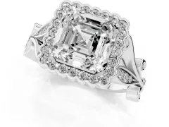Asscher Cut Diamond Halo Ring Set in Platinum with Leaf Motif Split Shank and Prong Setting