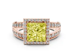 Fancy Yellow Princess Cut Diamond Halo Ring Set in Rose gold with Double Pavé Split Shank